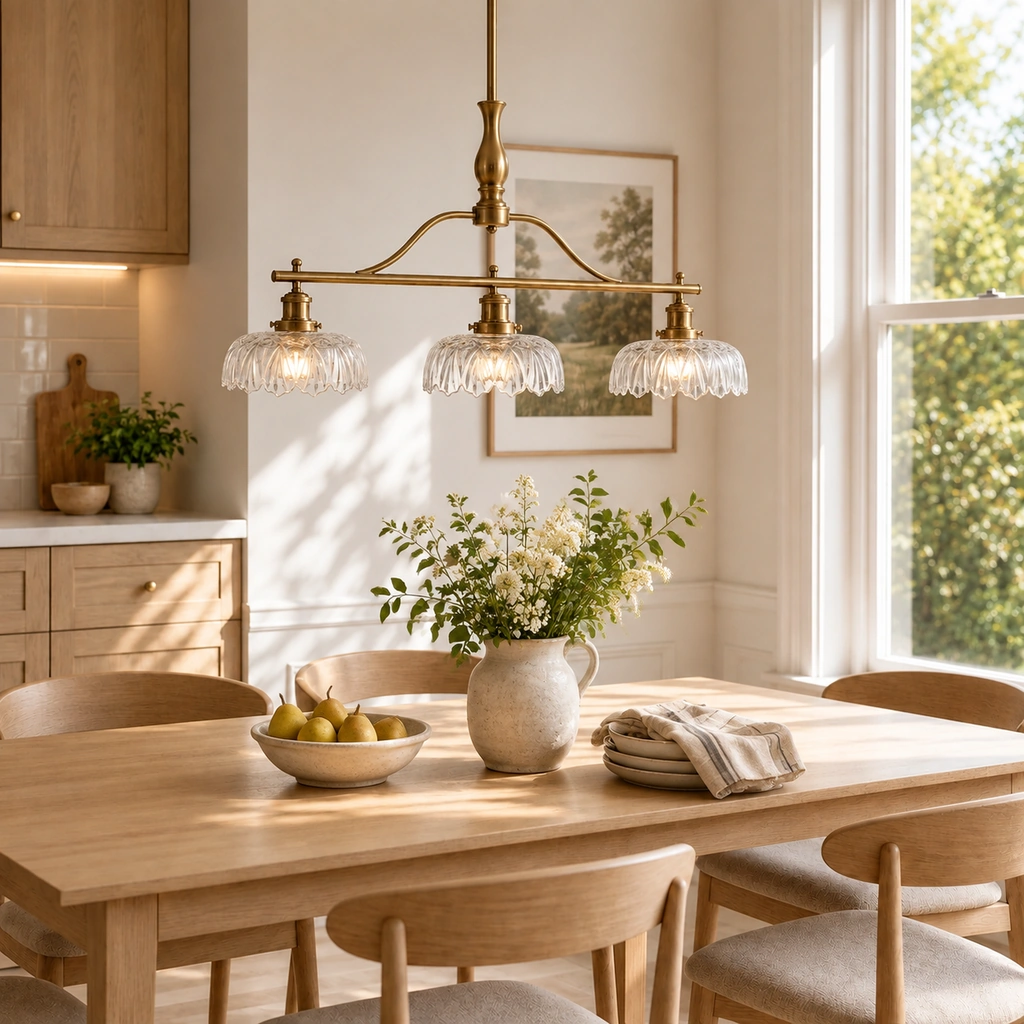 Rowan three-light chandelier over an oak dining table