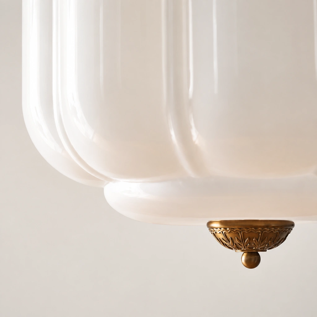 Close-up of Lumi Eloise white ribbed glass and its brass lower cap