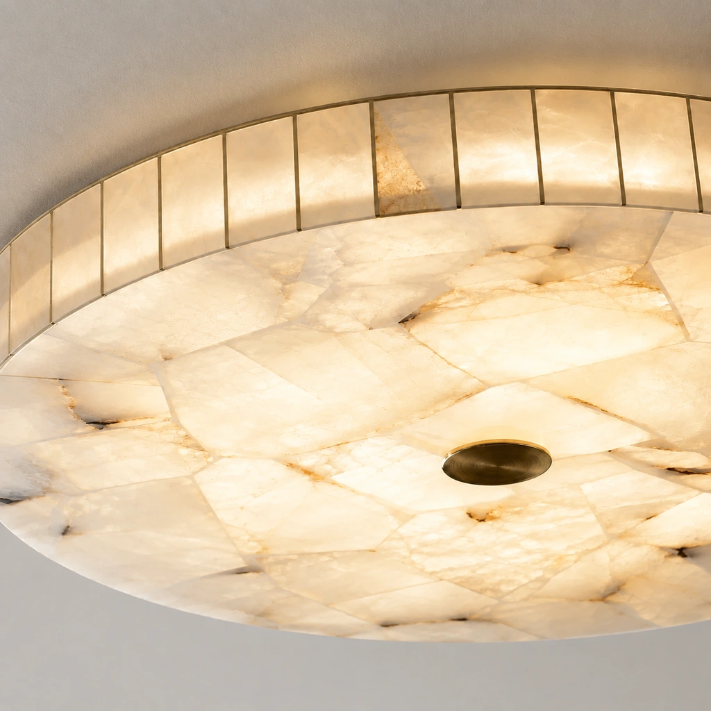 Close-up of the illuminated Kelly alabaster shade, segmented edge and veining