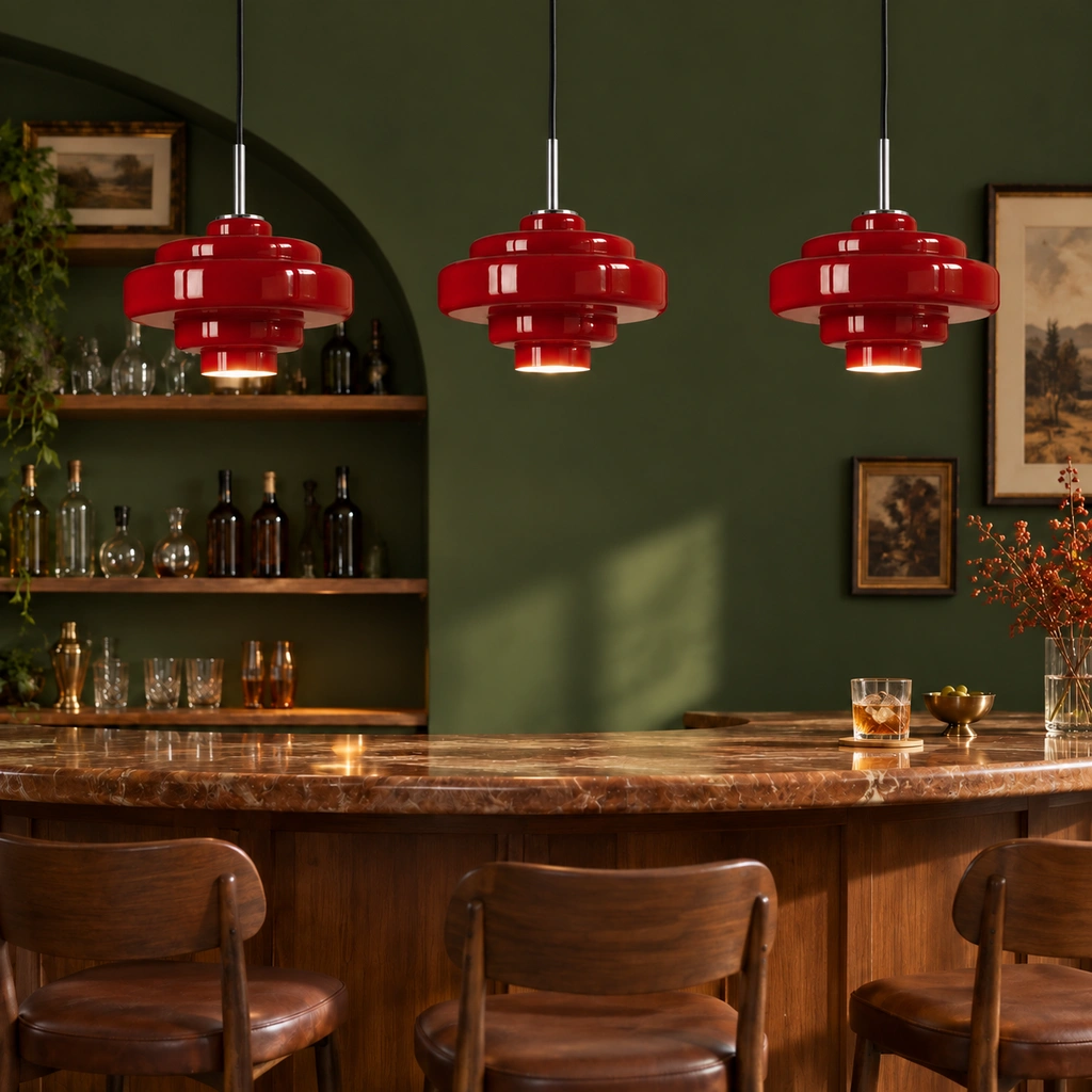 Matching red Mirelle pendants with direct cord connection in an interior setting