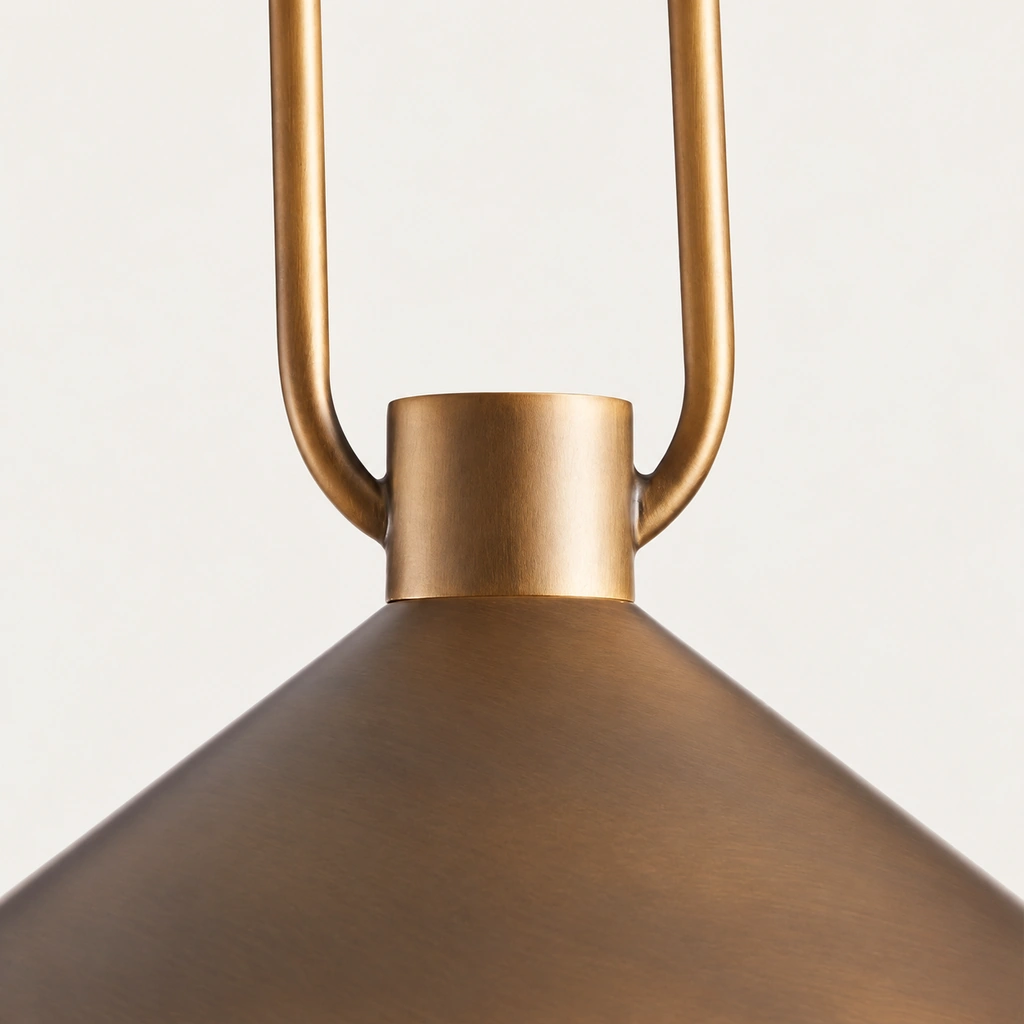Close-up of Zane brass U-shaped frame joining a cylindrical neck above the cone shade