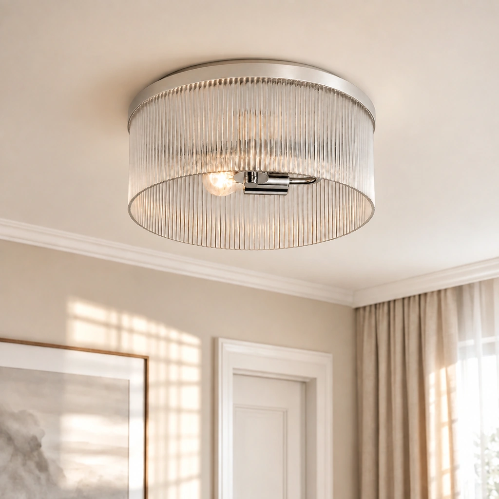 Polished Nickel Vesper flush mount in a sunlit neutral room with drapery