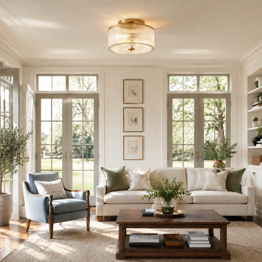 Brass Vireo flush-mount ceiling light with ribbed clear glass drum, lit and mounted on a living-room ceiling above a sofa and coffee table.