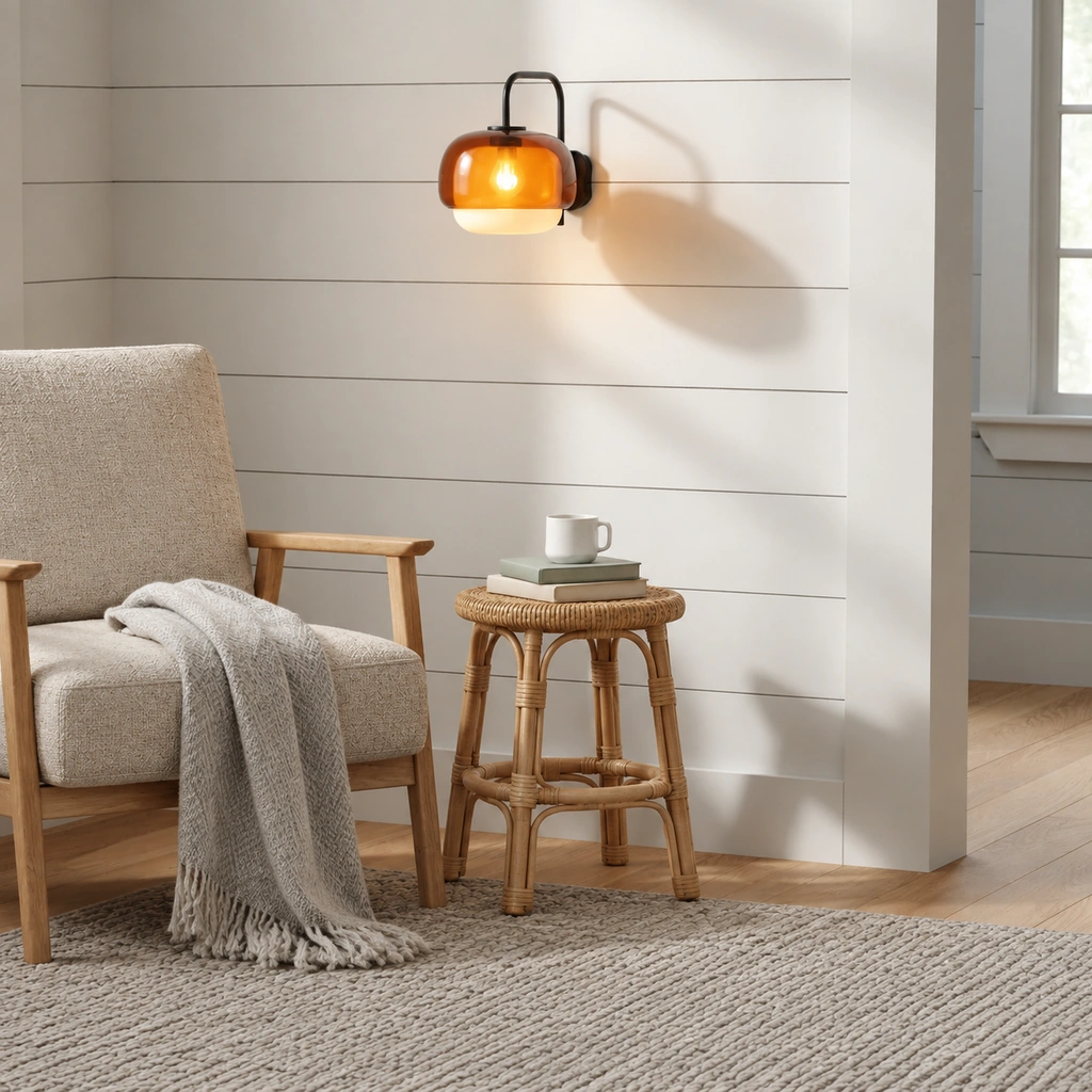 One lit amber-glass Sanae sconce on a white panelled wall above a rattan side table and an armchair with a throw