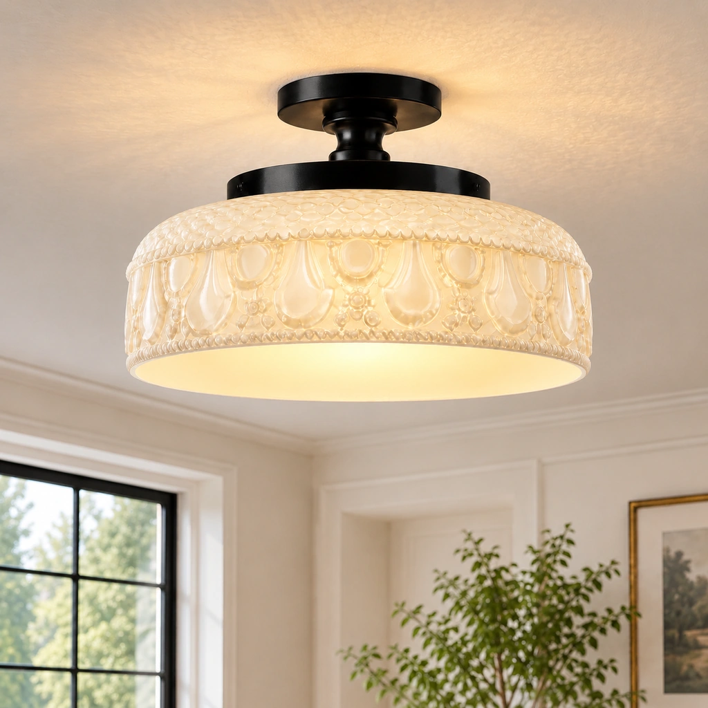 Jules ceiling light with black metal canopy and milk white patterned glass shade