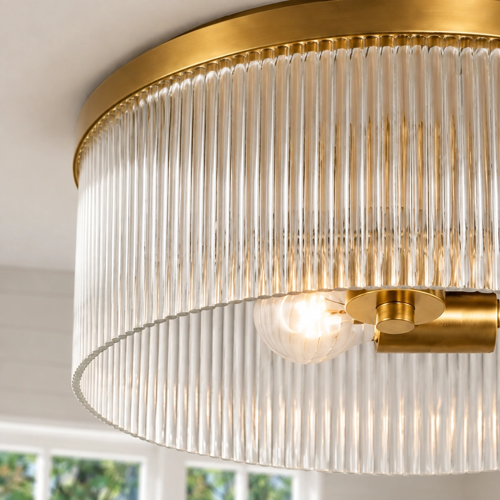 Close view of Vesper ribbed glass drum, Tumbled Brass rim and lit bulb