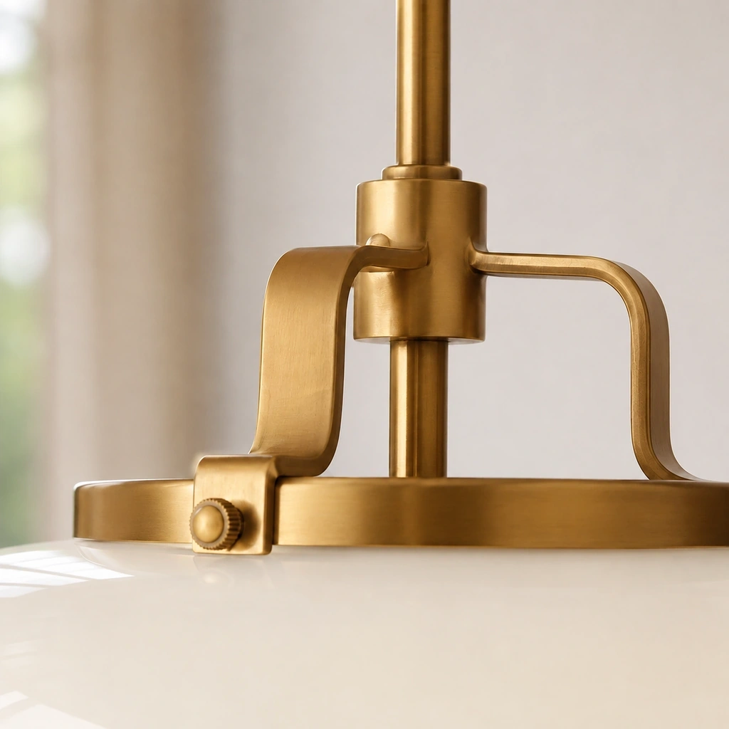 Close view of the Aster metal bracket and band above the milk-glass shade
