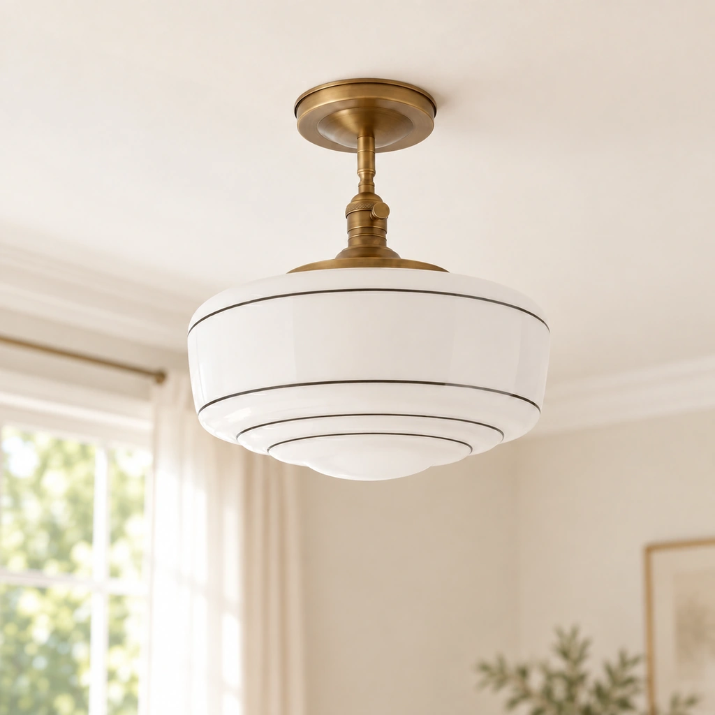 Talos white glass shade with hand-painted opal stripe and brass-finish stem