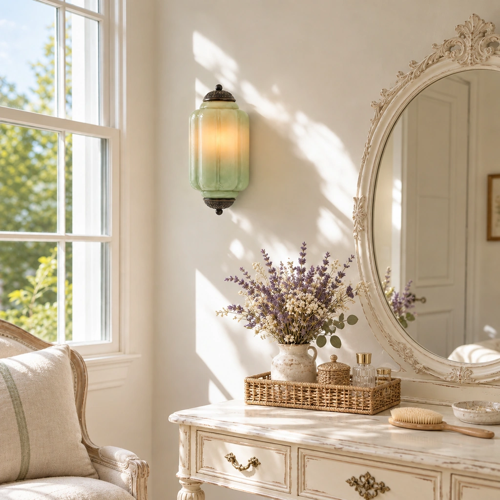 Single green-glass Lumi Eloise sconce on a wall beside an oval dresser mirror.