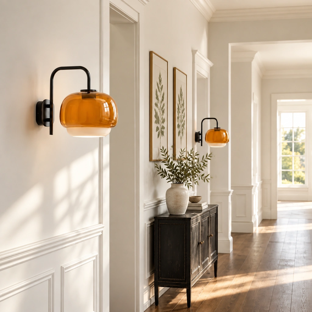 Two amber-glass Sanae sconces with black arms mounted down a white hallway above a dark console table