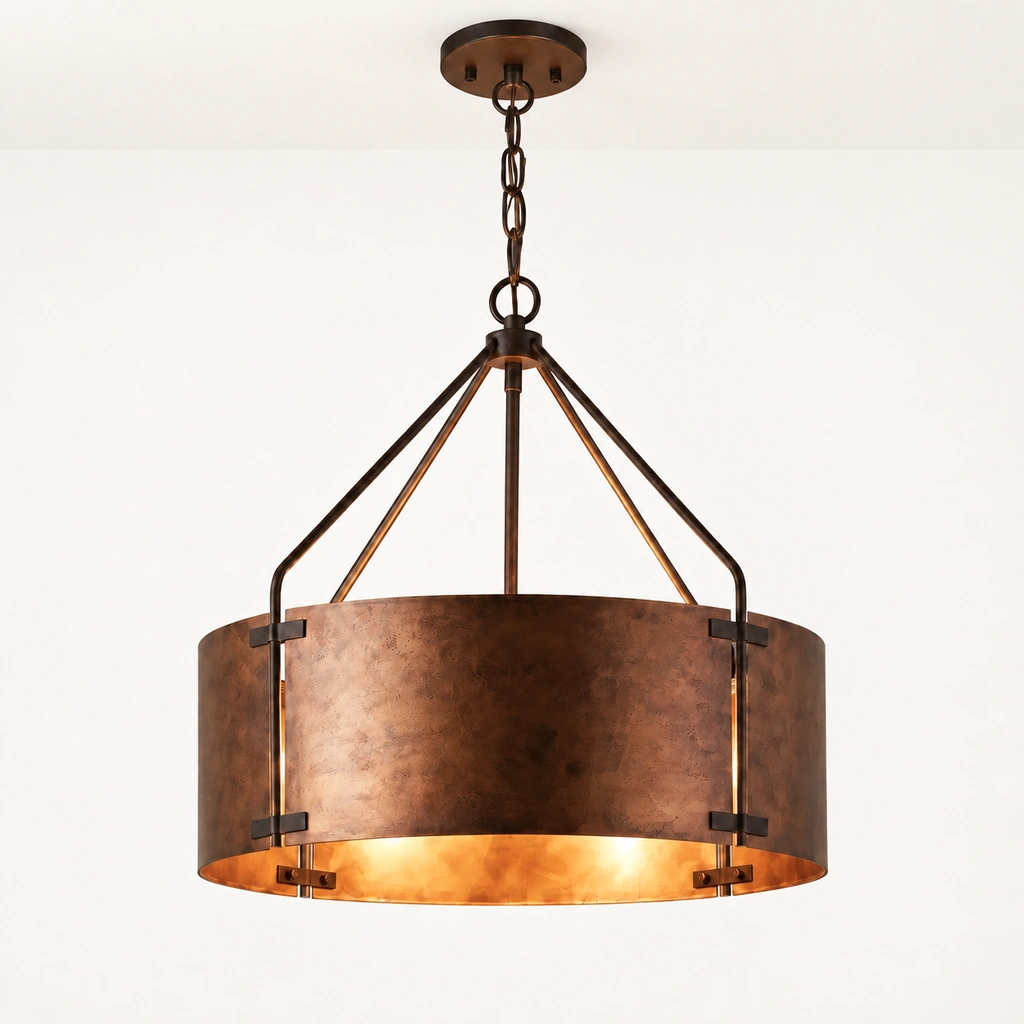 Ronan drum pendant on a white background showing its ceiling canopy, chain suspension and aged metal shade