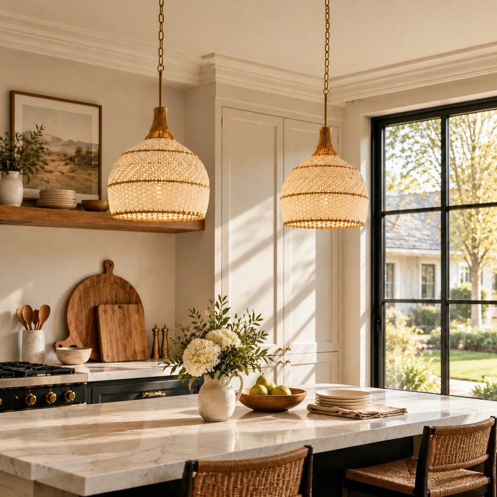 Two Arden woven pendants over a light stone kitchen island