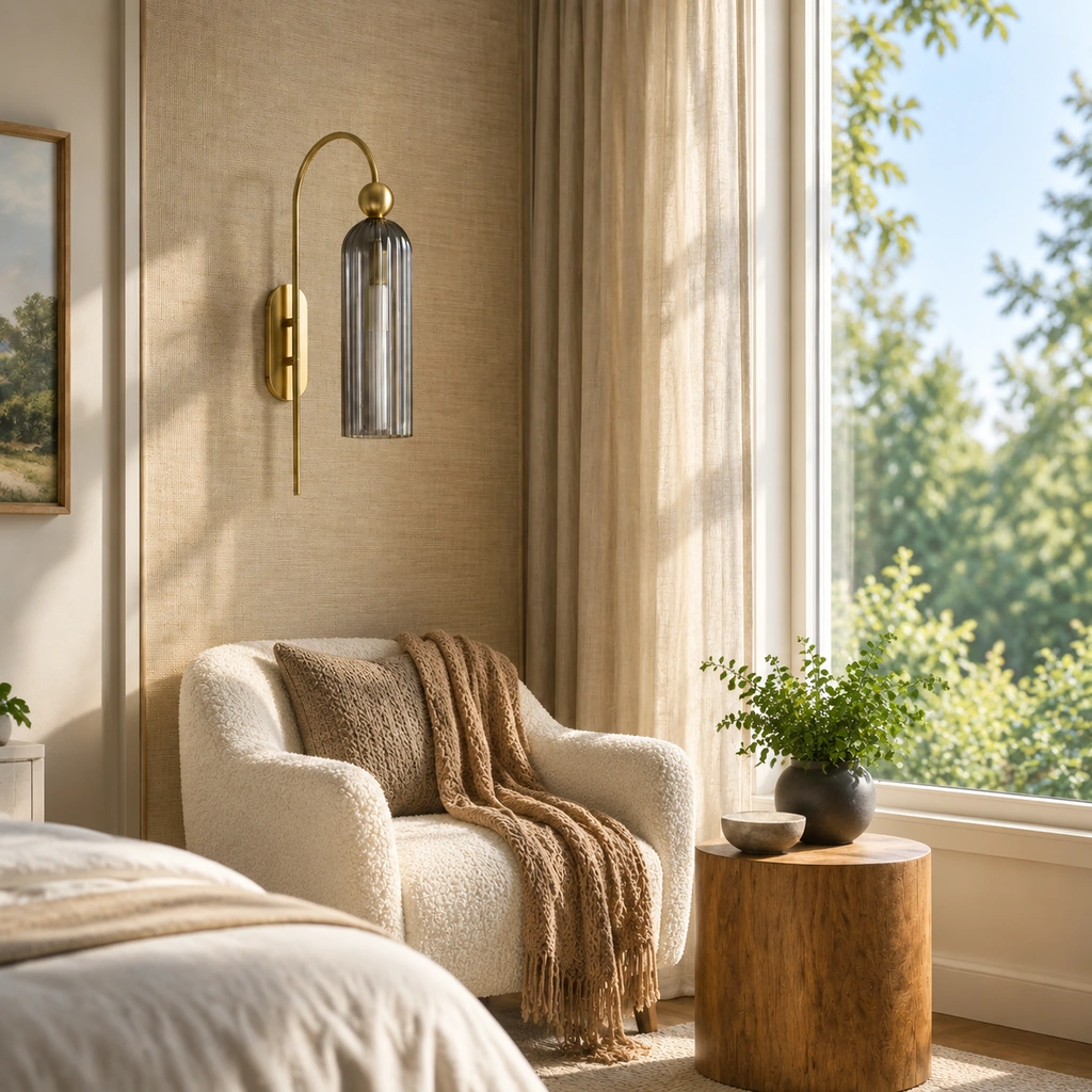 Azura sconce with gray ribbed glass mounted above a cream boucle reading armchair near a large window