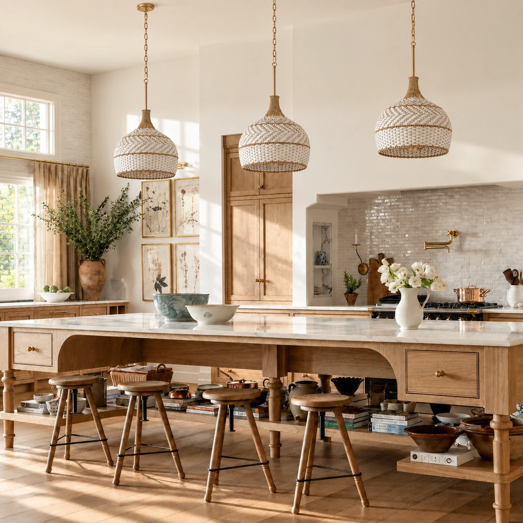 Three Arden woven pendants over a long wood kitchen island