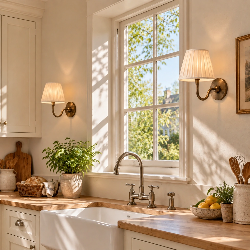 Two separate single-light Tansy sconces with pleated shades flanking a kitchen window above a farmhouse sink