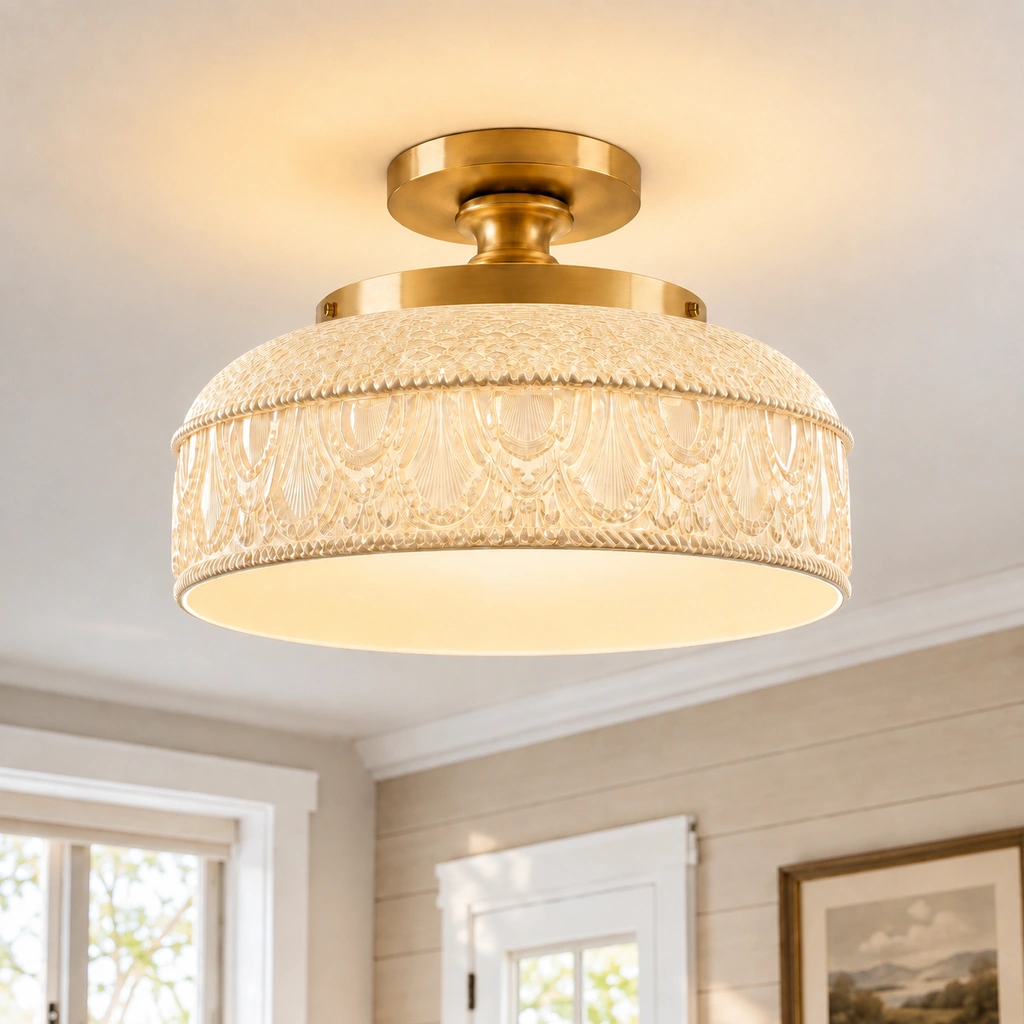 Jules ceiling light with gold metal canopy and milk white patterned glass shade
