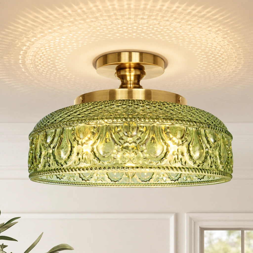 Jules ceiling light with gold metal canopy and green patterned glass shade