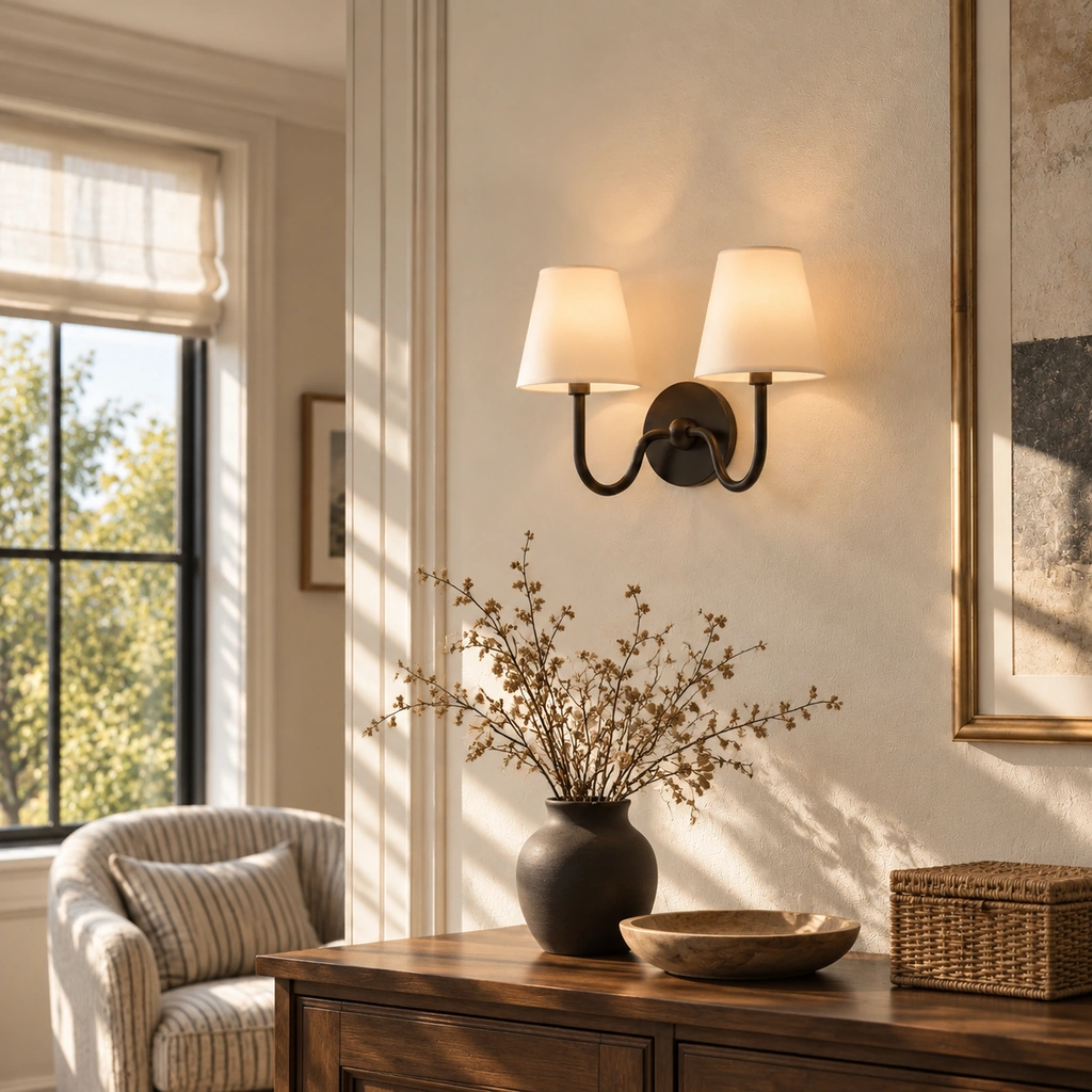 Tansy two-light wall sconce with plain linen shades on one curved double-arm fixture, lit above a wooden console in a sunlit living room