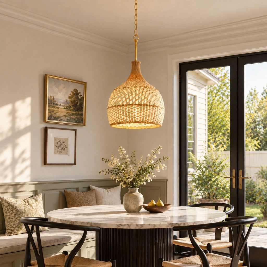 One Arden woven pendant over a round table in a breakfast alcove