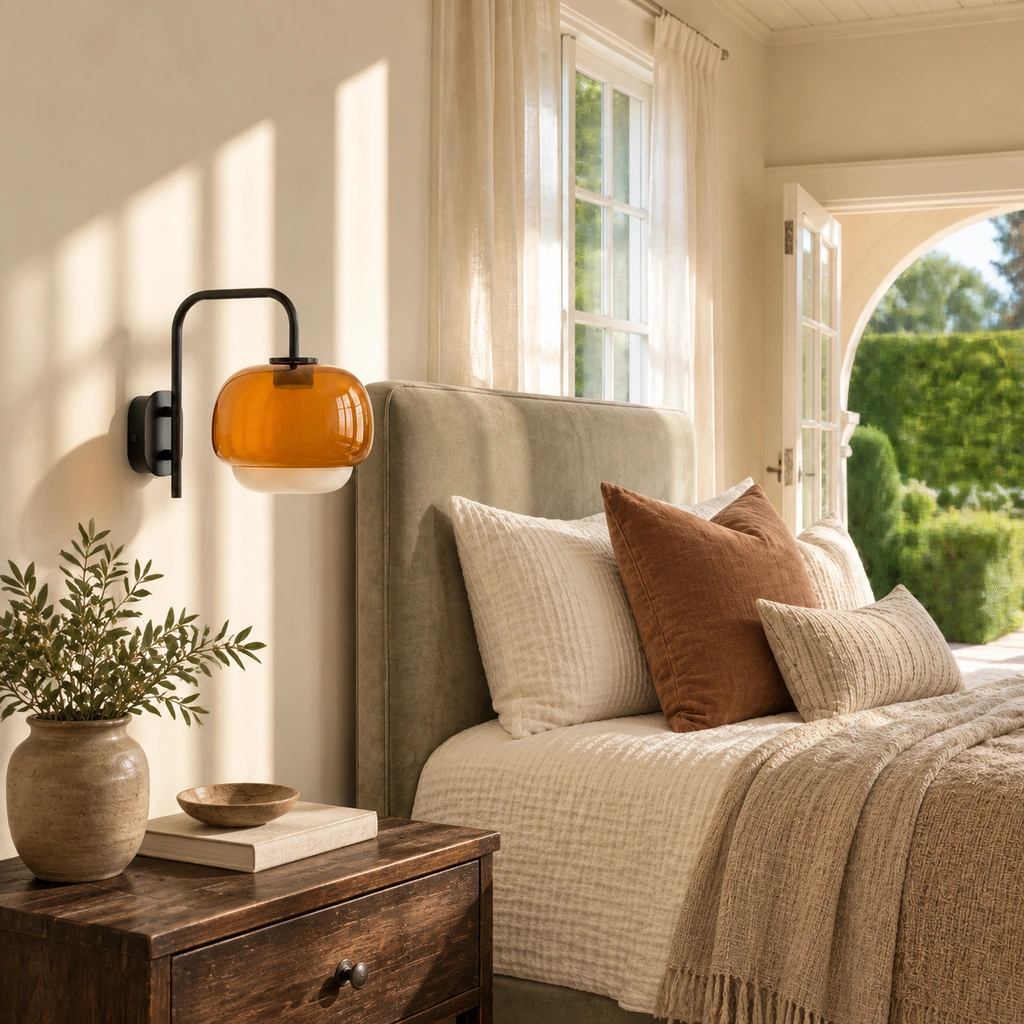 Sanae wall light with an amber outer glass shade over a milk-white inner layer on a black curved arm, mounted beside an upholstered bed in a sunlit bedroom