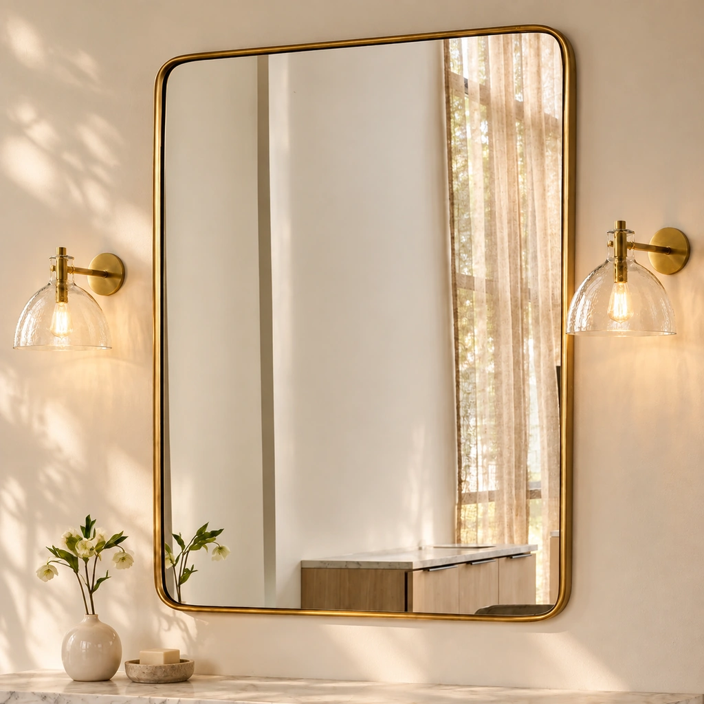 Two lit Xeno brass wall sconces with clear hand-blown glass shades flanking a tall brass-framed mirror above a marble vanity.