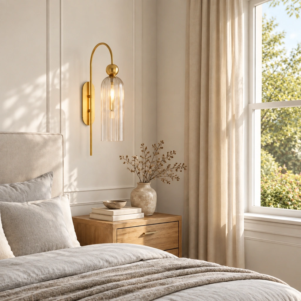 Azura wall sconce with clear ribbed glass shade and gold arched arm, lit beside a bed and wood nightstand