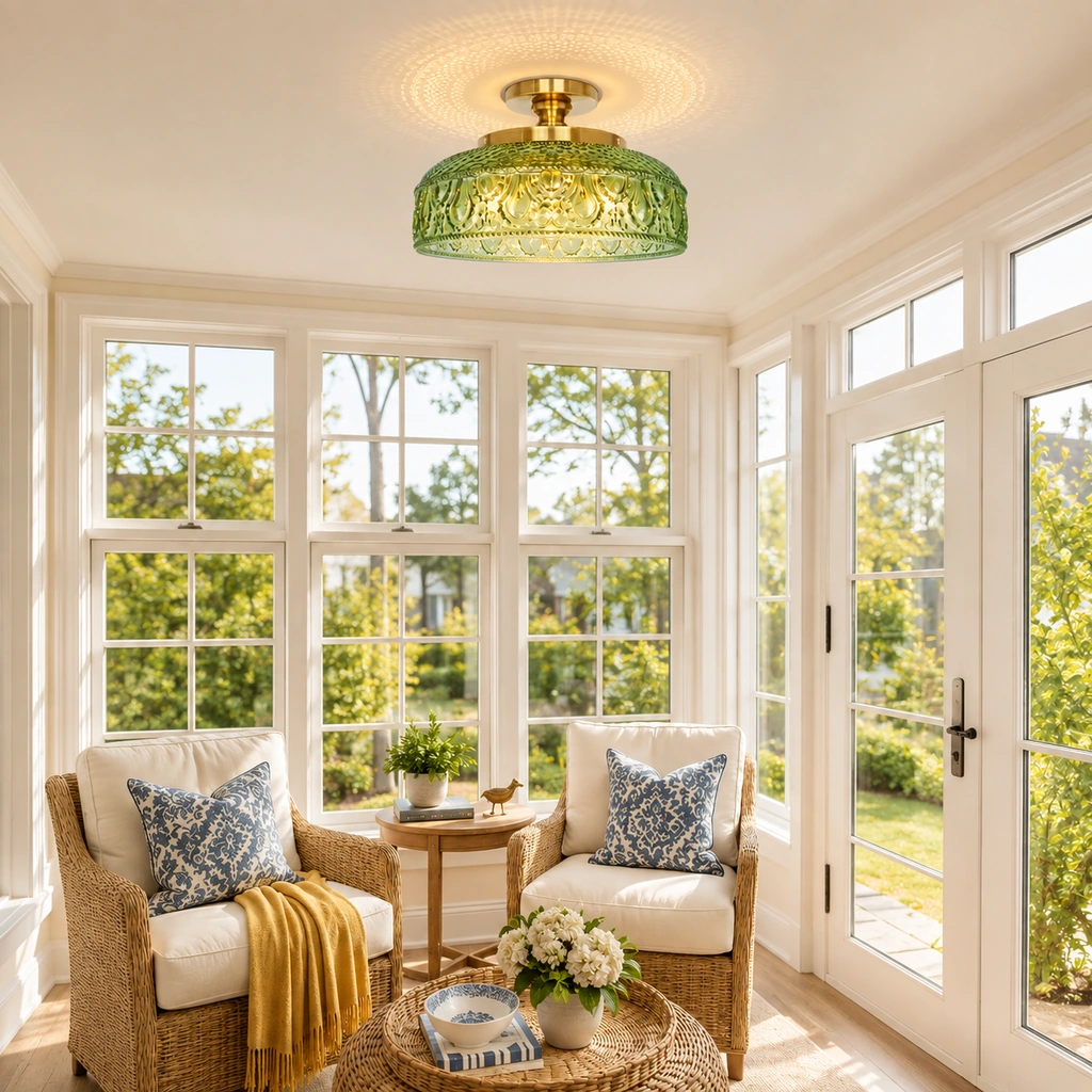 Jules ceiling light with green patterned glass shade and gold metal stem in a bright sitting room