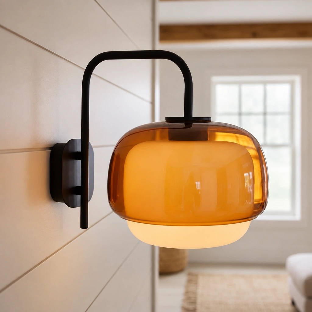 Close view of the Sanae wall light: black wall mount and curved arm above the amber outer glass and milk-white inner layers