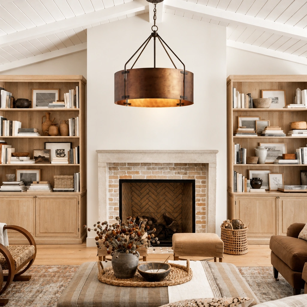 Ronan aged iron drum pendant above a living room with wooden bookcases and a fireplace