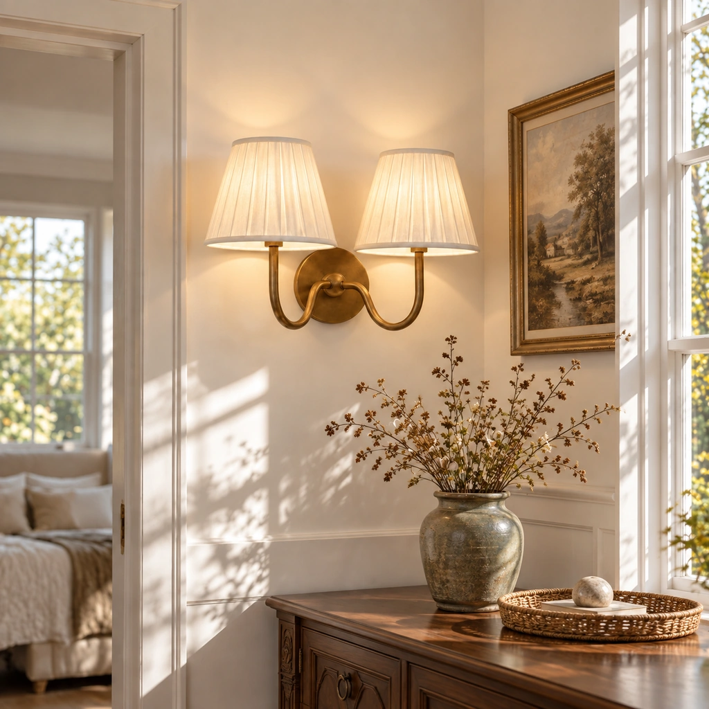 One Tansy double-head sconce with two pleated shades mounted on the wall above a wooden console