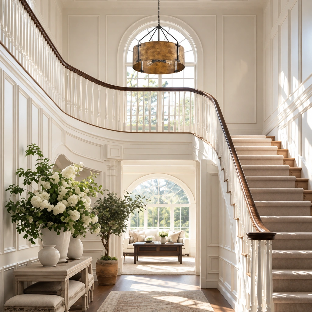 Ronan aged iron drum pendant suspended in a sunlit stair hall
