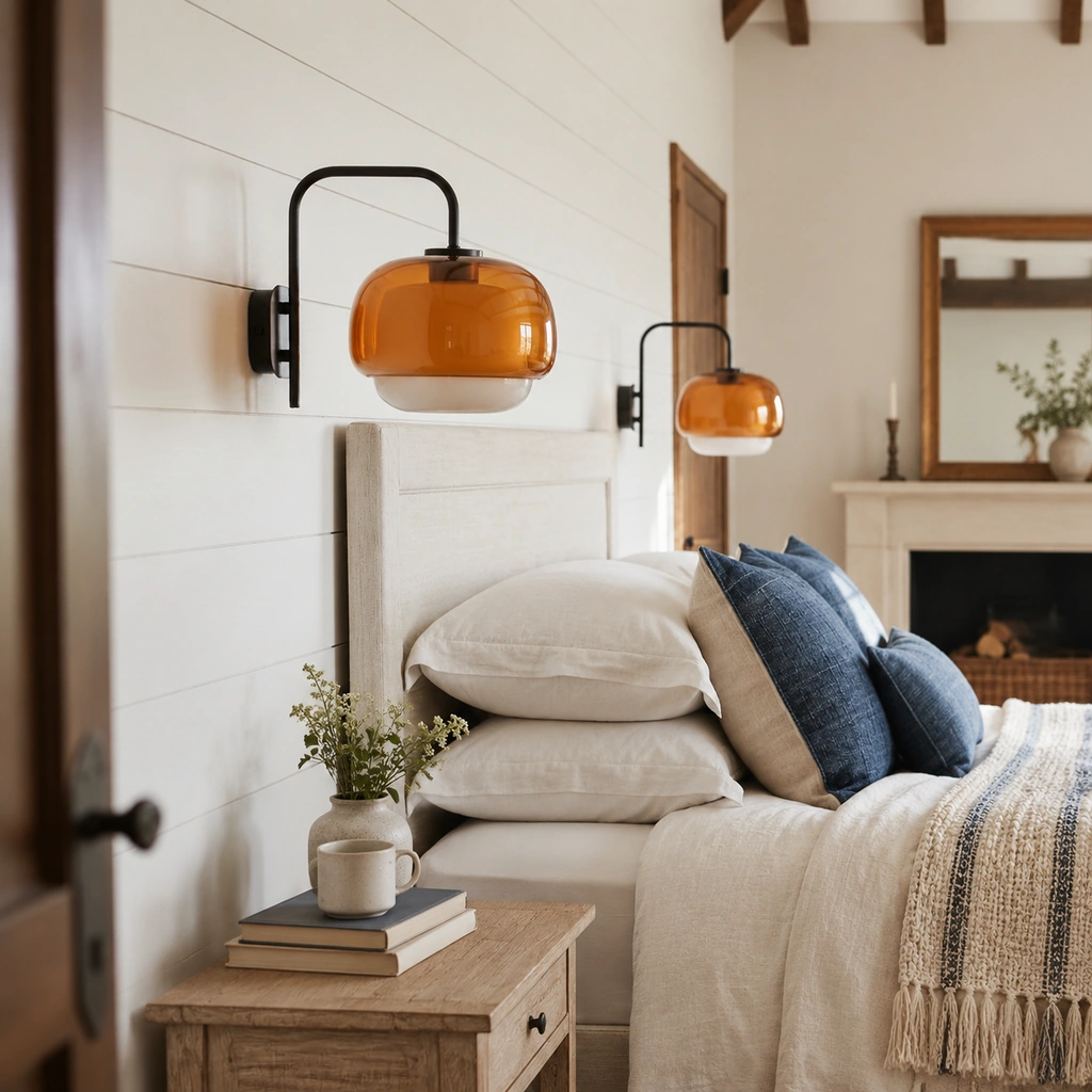 Two amber-glass Sanae sconces on a white panelled wall, one on each side of a bed with blue cushions