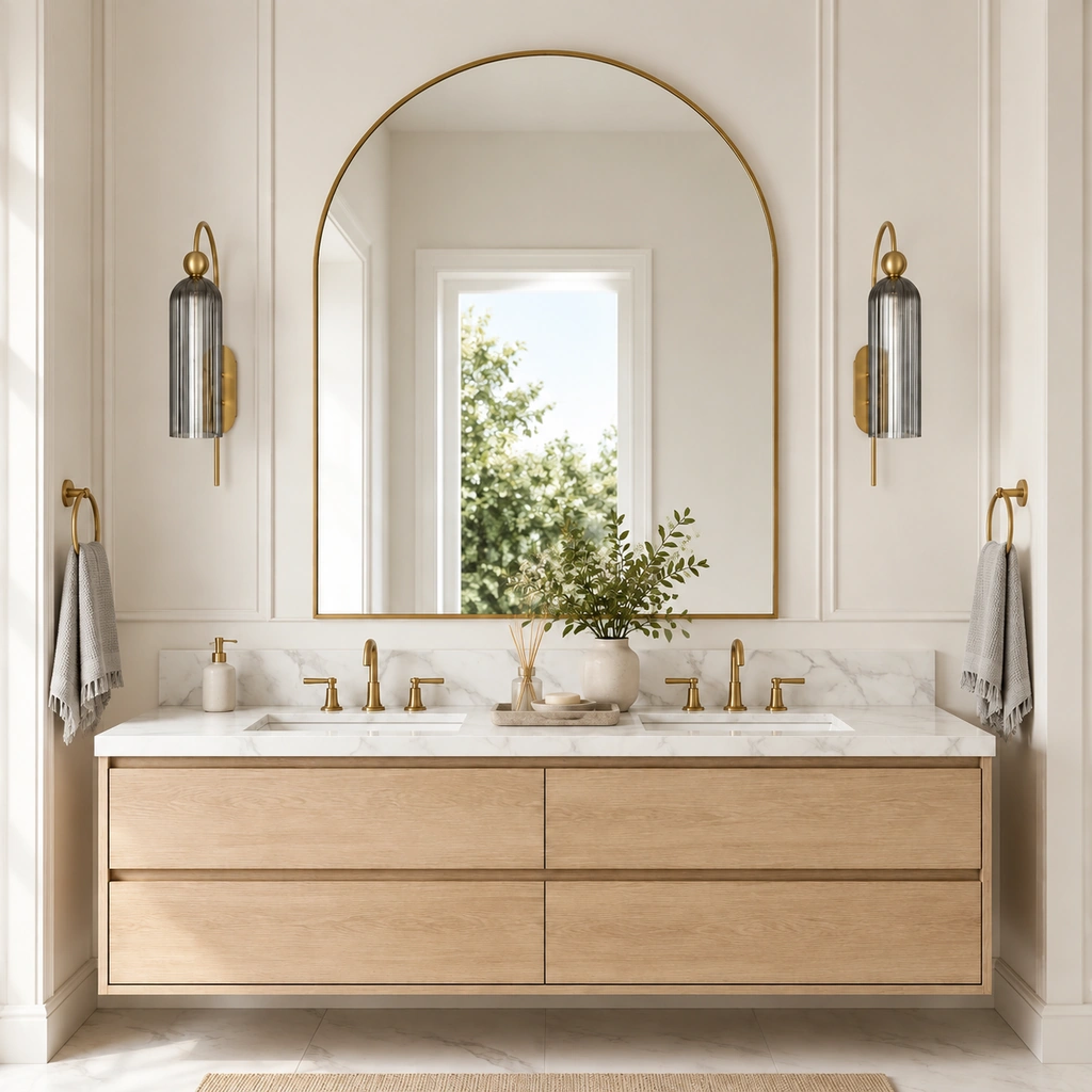 Two Azura sconces with gray ribbed glass flanking a large arched mirror over a light-oak double vanity