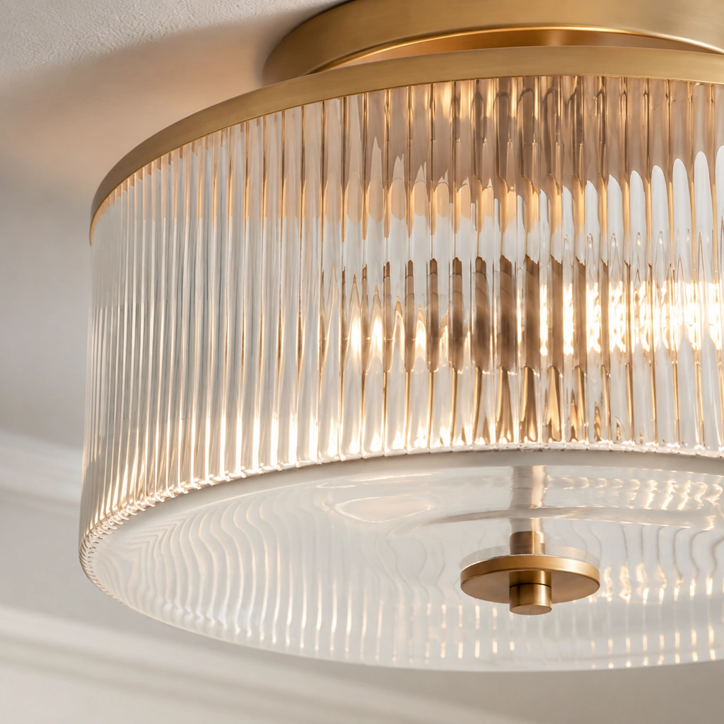 Close-up of the Vireo ceiling light's ribbed clear glass drum and small brass lower finial, with the brass canopy at the ceiling.