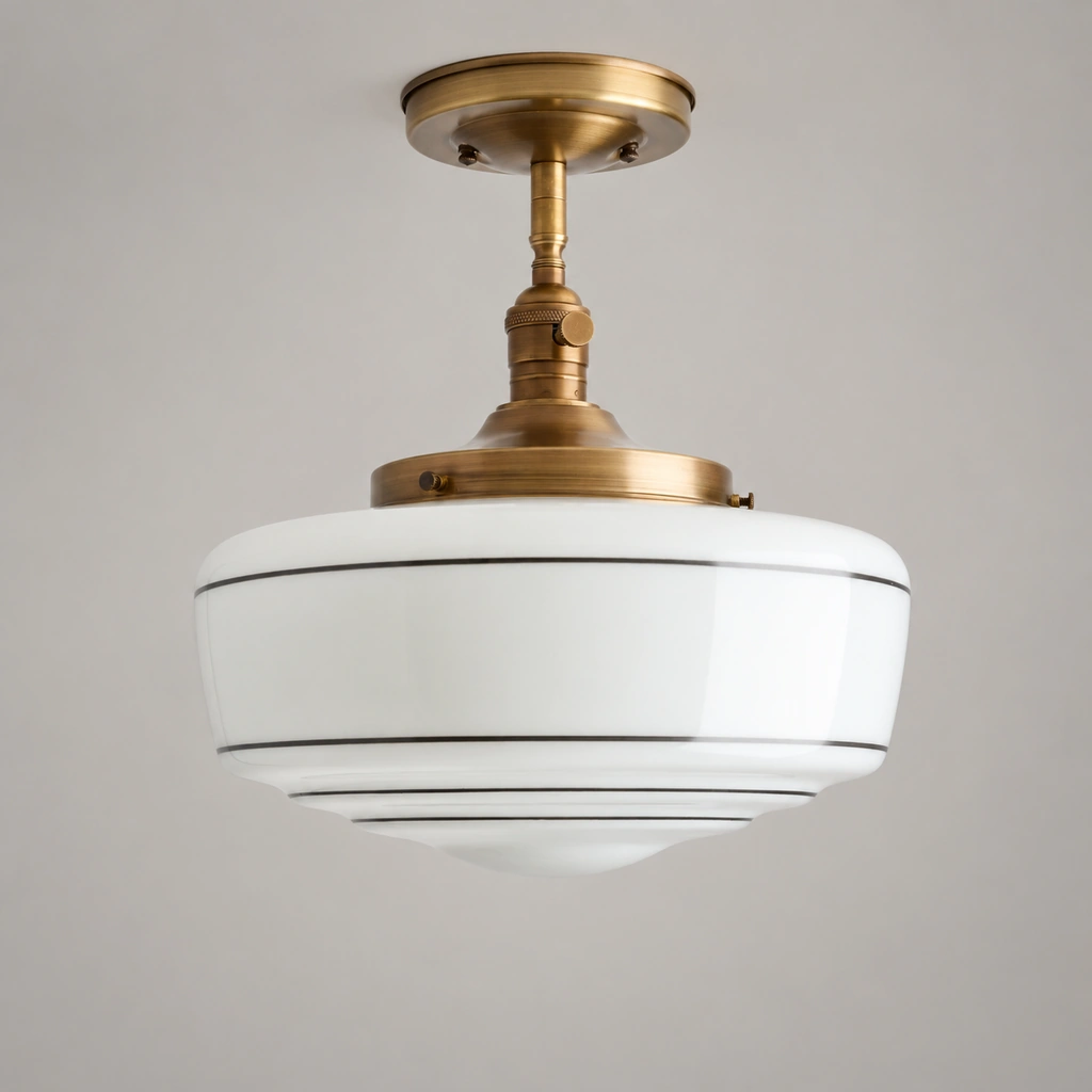 Close view of the striped opal glass shade and antique brass metal fixture
