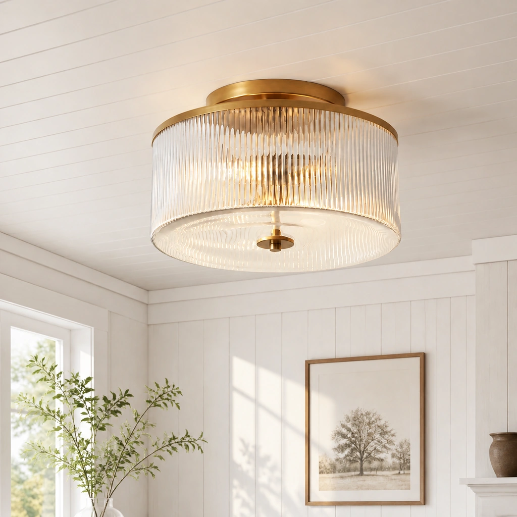 Vireo ribbed glass ceiling light in Brass