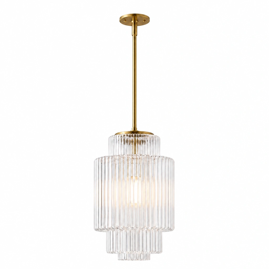 Iris clear ribbed glass Large pendant, complete view with brass stem