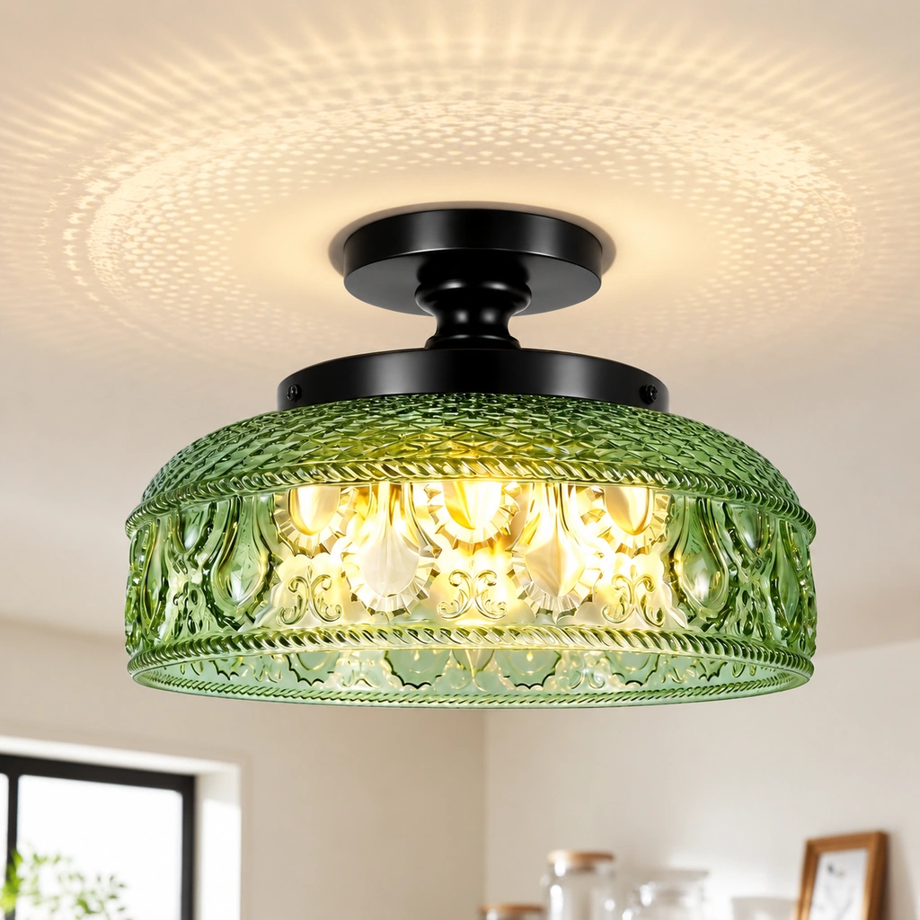 Jules ceiling light with black metal canopy and green patterned glass shade