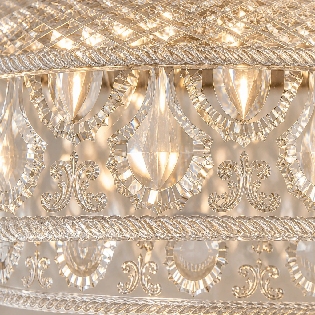 Close-up of Jules clear patterned glass with raised motifs and crosshatching