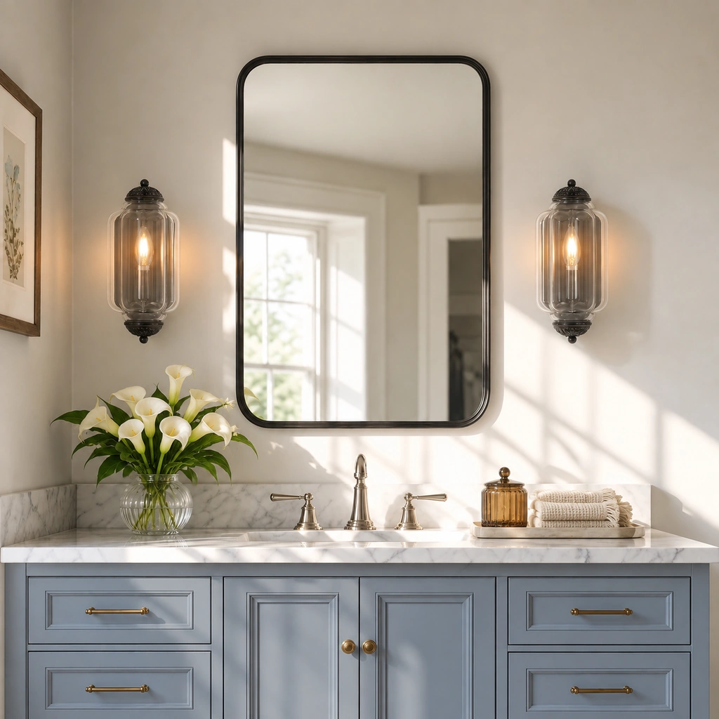 Two separate clear-glass Lumi Eloise sconces mounted on either side of a bathroom mirror.