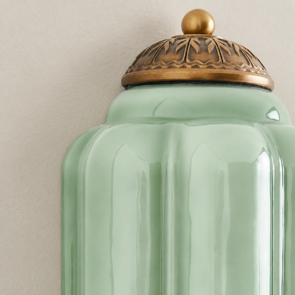Close-up of Lumi Eloise green ribbed glass meeting the ornate upper metal cap.