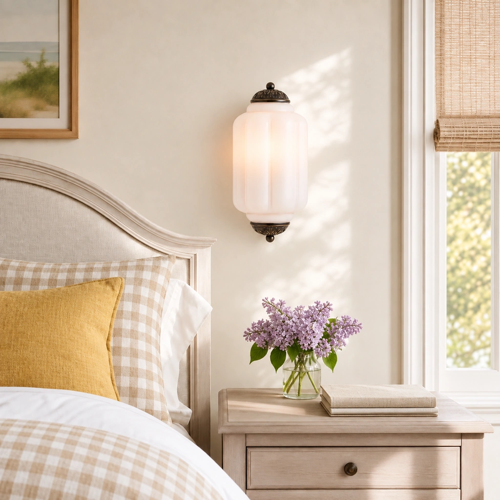 Single white-glass Lumi Eloise sconce mounted above a bedside table next to a bed.
