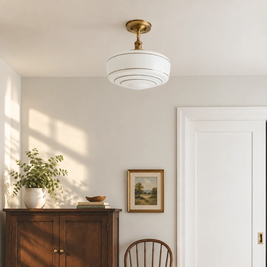 Talos striped milk-glass ceiling light in a sunlit entry