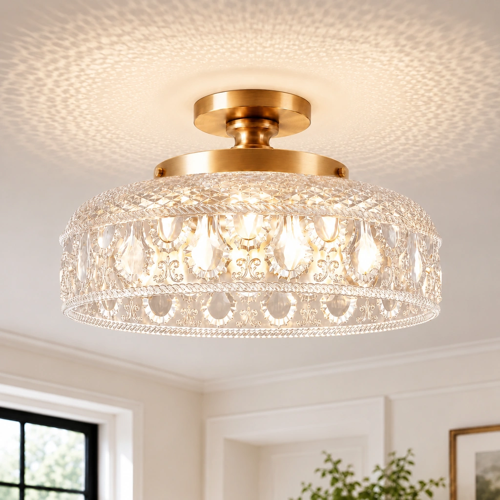 Jules ceiling light with gold metal canopy and clear patterned glass shade