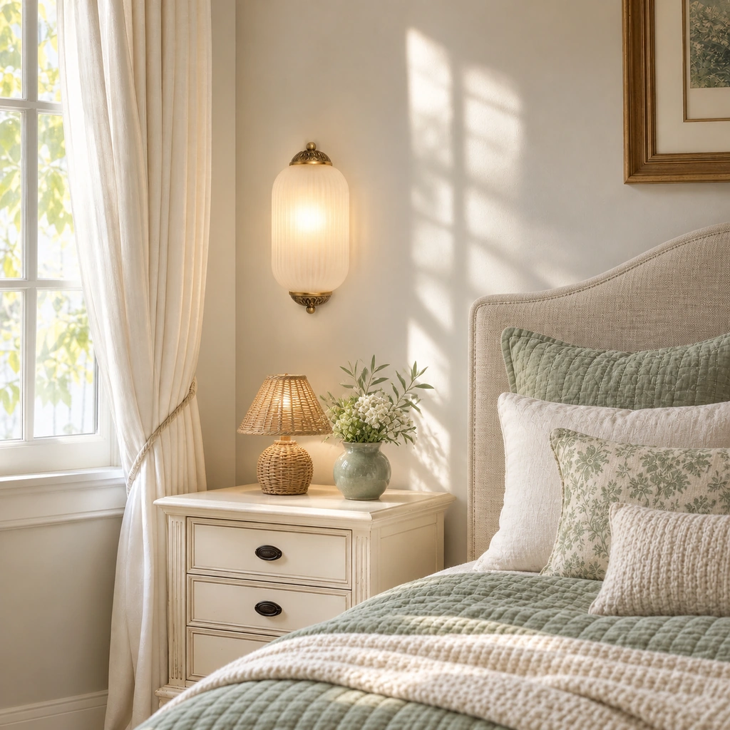 Lumi Eloise with white ribbed glass and brass-color metal caps, shown lit on a bedroom wall near a bedside table.