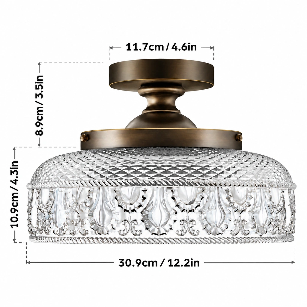 Jules dimension diagram labeled 30.9 cm/12.2 in wide, 11.7 cm/4.6 in canopy, 8.9 cm/3.5 in and 10.9 cm/4.3 in sections