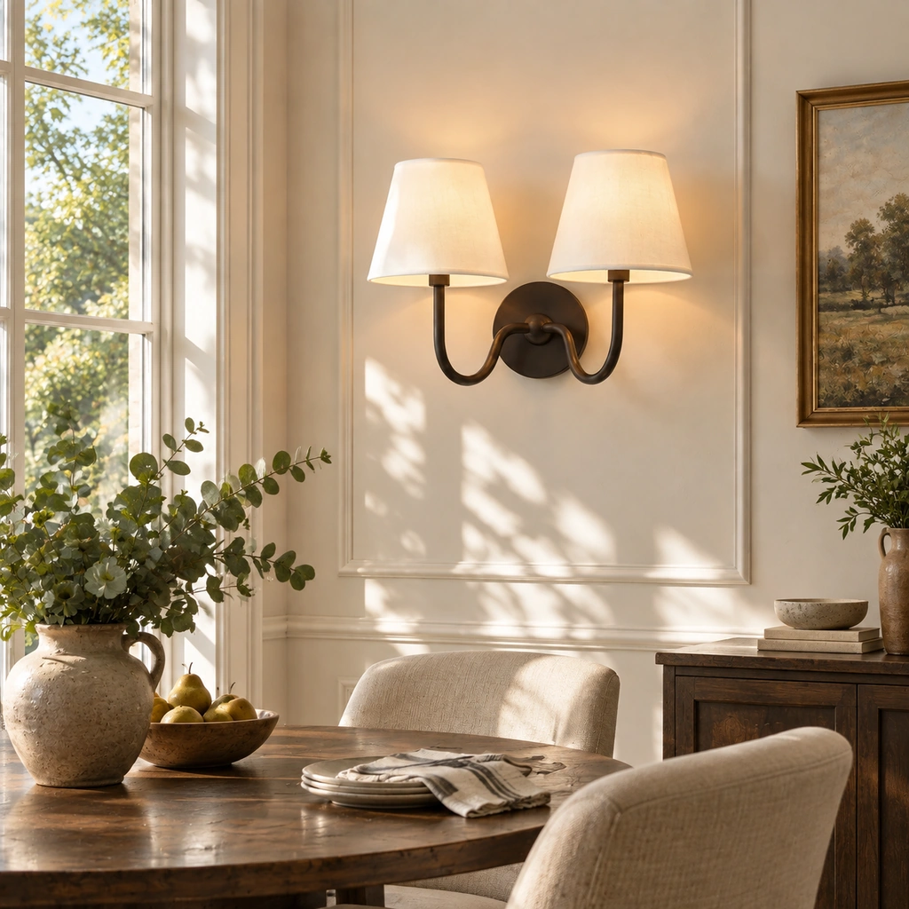 One Tansy double-head sconce with two plain shades on the wall beside a dining table