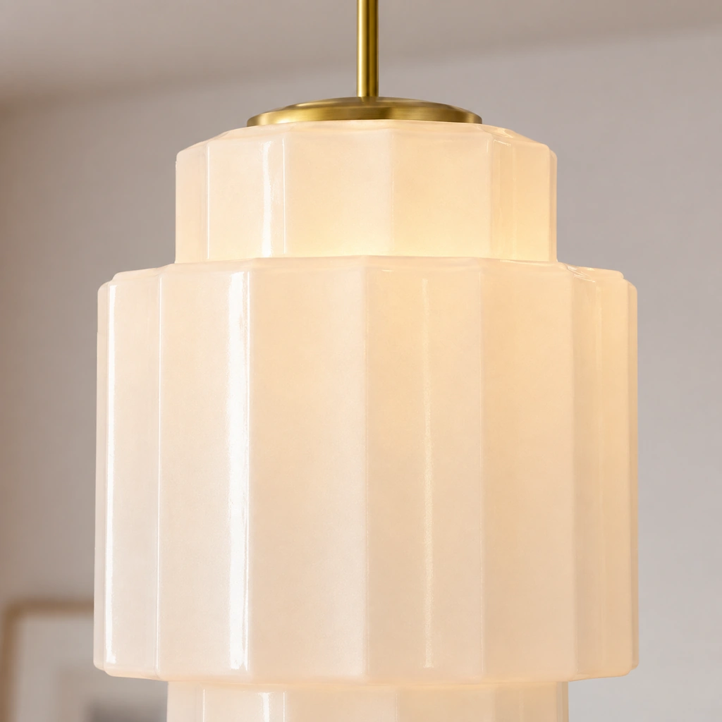 Iris illuminated milk glass stepped shade closeup with brass top cap