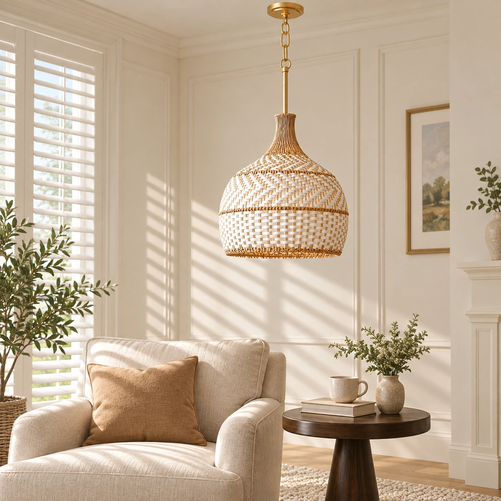 Arden Rattan Dome Pendant Light — scene