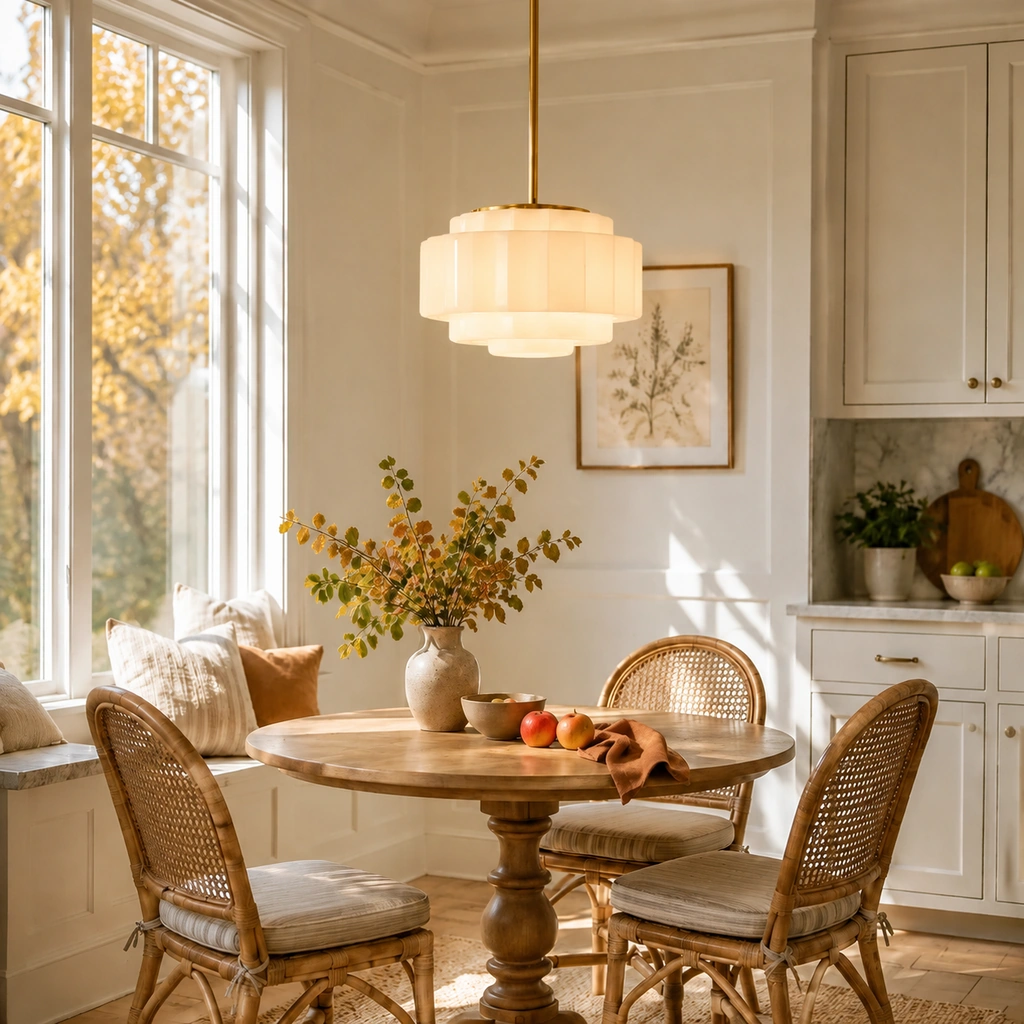 Iris milk glass stepped pendant with brass rod above a wooden breakfast table